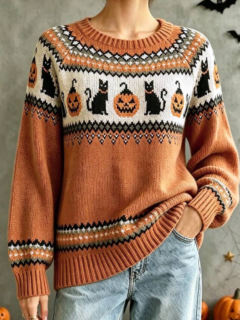 Cozy Halloween Pumpkin & Black Cat Knit Sweater - Orange